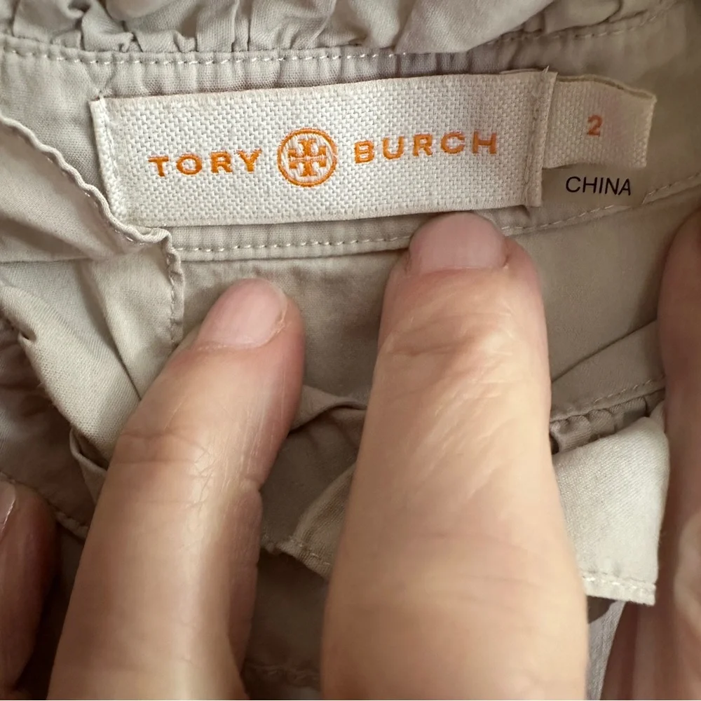Tory Burch Light Tan Beige‎ Size 2 Ruffle Neck Sleeveless Blouse